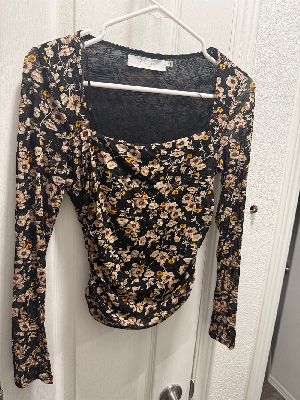 Astr Black Floral Square-Neck Long Sleeve Top
